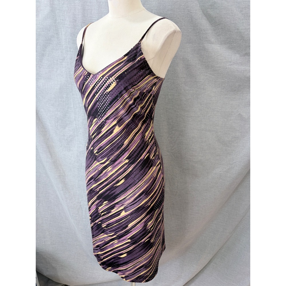 Vintage 90s Von Mozart Sequin Dress Spaghetti Strap Party Cocktail Purple Gold L